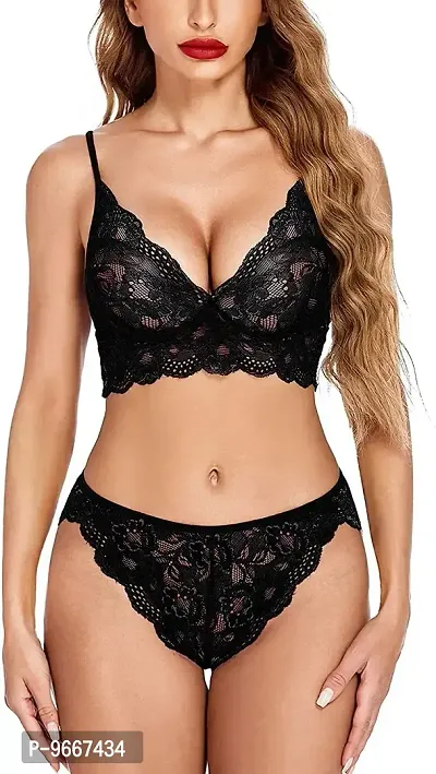 EVLIANA Women's Sexy Lace Bra and Panty Lingerie Set for Honey Moon (Free Size) (Black)