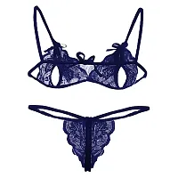 FLUTE Women's Sexy Net Lace Lingerie Set/Bikini Set/Bra Panty Set for Honeymoon Free Size (Navy Blue)-thumb1