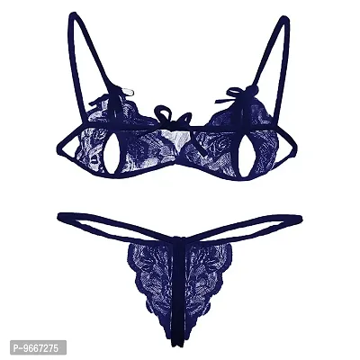 FLUTE Women's Sexy Net Lace Lingerie Set/Bikini Set/Bra Panty Set for Honeymoon Free Size (Navy Blue)-thumb2