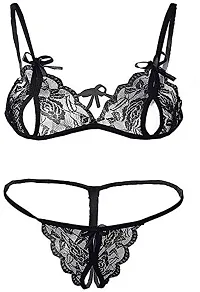 FLUTE Women's Lace Lingerie Bra and Panty Set Strappy Babydoll Bodysuit/Bikni Set Free Size (Black and Animal Print)-thumb3