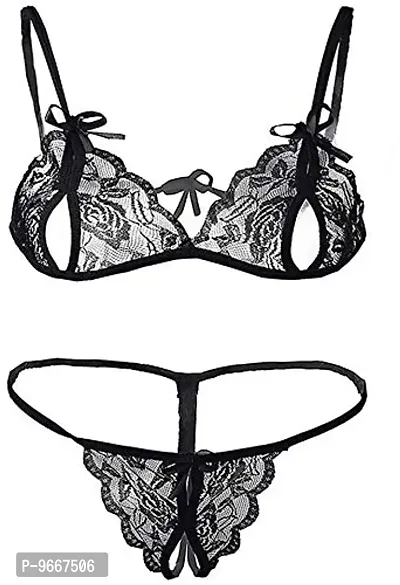 FLUTE Women's Lace Lingerie Bra and Panty Set Strappy Babydoll Bodysuit/Bikni Set Free Size (Black and Animal Print)-thumb4