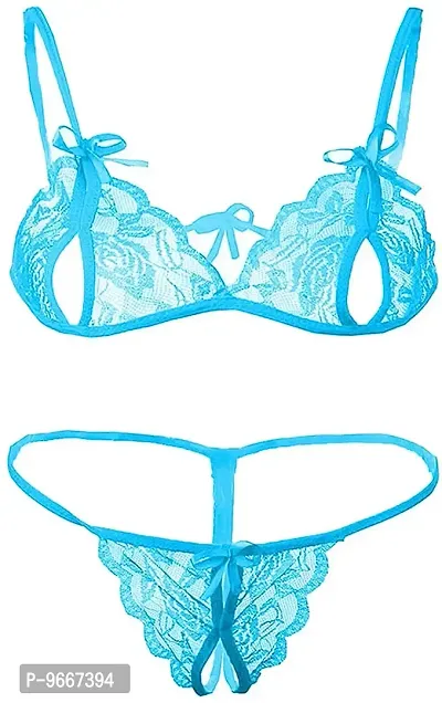Sky Blue Net Bra Panty Set For Women's