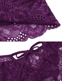 FLUTE Women's Lace Lingerie Bra and Panty Set Strappy Babydoll Bodysuit/Bikni Set Free Size (Purple)-thumb3