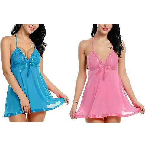 FLUTE Combo Pack !Women Babydoll Nightwear Lingerie with Panty - Free Size (Pink and Cyan)