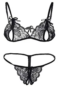 FLUTE Combo Pack ! Women Bikni lace Bra Panty Lingerie Set with Teddy Backless Dress| Net Transparent Sleepwears for Honeymoon Nighty Dresses (Free Size) (Pack of 2 (Black))-thumb4