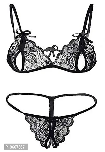 FLUTE Combo Pack ! Women Bikni lace Bra Panty Lingerie Set with Teddy Backless Dress| Net Transparent Sleepwears for Honeymoon Nighty Dresses (Free Size) (Pack of 2 (Black))-thumb5