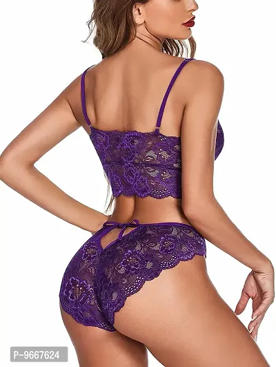 Buy FLUTE Women's Lace Lingerie Bra and Panty Set Strappy Babydoll Bodysuit/Bikni  Set Free Size (Purple) Online In India At Discounted Prices