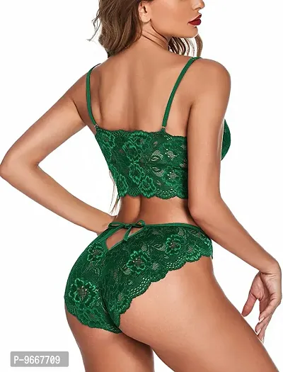 FLUTE Women's Lace Lingerie Bra and Panty Set Strappy Babydoll Bodysuit/Bikni Set Free Size Green-thumb3