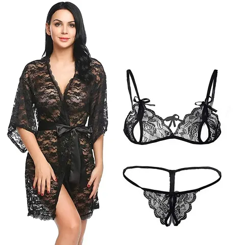 Stylish Satin Blend Robe With Lingerie Set Combo For Women