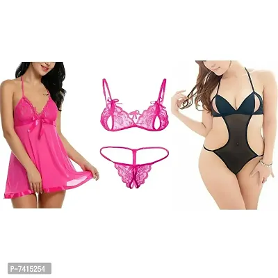 Stylish Satin Solid Babydolls with Lingeria Set For Women- Pack Of 3