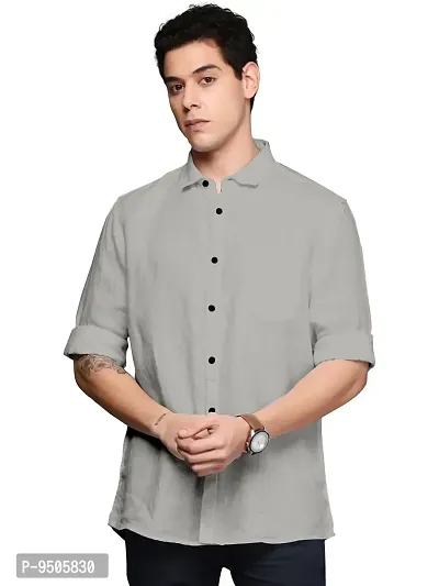 Elegant Cotton Grey Solid Long Sleeves Casual Shirt For Men
