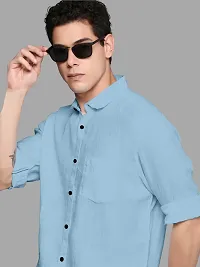 Elegant Cotton Aqua Blue Solid Long Sleeves Casual Shirt For Men-thumb2