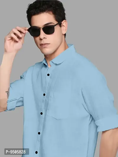 Elegant Cotton Aqua Blue Solid Long Sleeves Casual Shirt For Men-thumb3