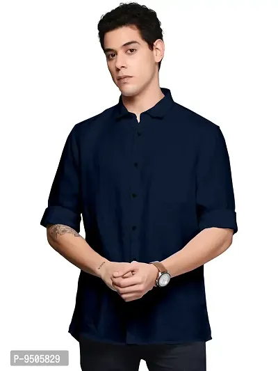 Elegant Cotton Navy Blue Solid Long Sleeves Casual Shirt For Men
