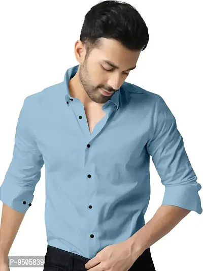 Elegant Cotton Aqua Blue Solid Long Sleeves Casual Shirt For Men