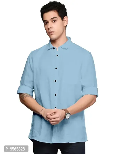 Elegant Cotton Aqua Blue Solid Long Sleeves Casual Shirt For Men-thumb0