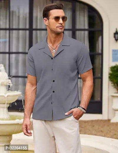 Stylish Grey Cotton Blend Short Sleeves Solid Casual Shirt For Men-thumb0