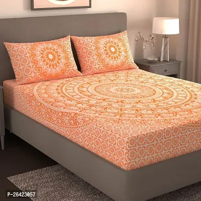 Comfortable Orange Cotton Double Size Printed 1 Bedsheet + 2 Pillowcovers