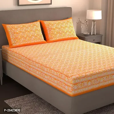 Comfortable Orange Cotton Double Size Printed 1 Bedsheet + 2 Pillowcovers