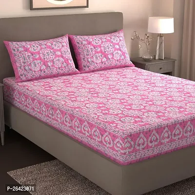 Comfortable Pink Cotton Double Size Printed 1 Bedsheet + 2 Pillowcovers