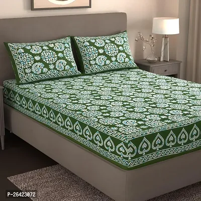 Comfortable Green Cotton Double Size Printed 1 Bedsheet + 2 Pillowcovers