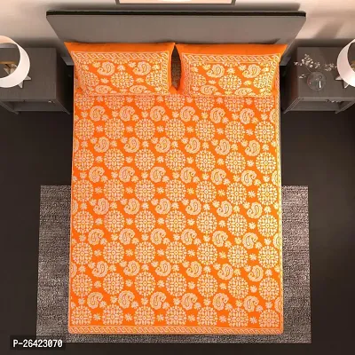 Comfortable Orange Cotton Double Size Printed 1 Bedsheet + 2 Pillowcovers