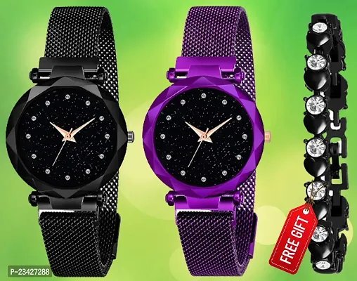 Diamond Studded Sky Dial Megnetic Mesh Black / Purple Analog WatchStrap With Free Gift Diamond Black Bracelet Only For Cute Girls /Women