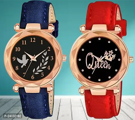 Bird Leaf Design Dial Blue Synthetic Leather Belt With Queen Dial Red Synthetic Leather Belt Analog Watch For Girls / Women