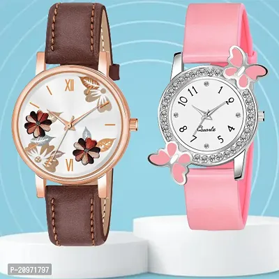 Brown Flower Dial Brown Belt Analog Watch With day-flying Design White Dial Pink PU Belt For Women/Girls-thumb0