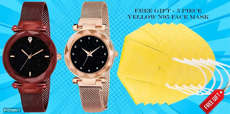 Diamond Studded Sky Dial Magnetic Mesh Belt Women Analog Watch With Free Gift 5 Piece N95 Yellow Mask