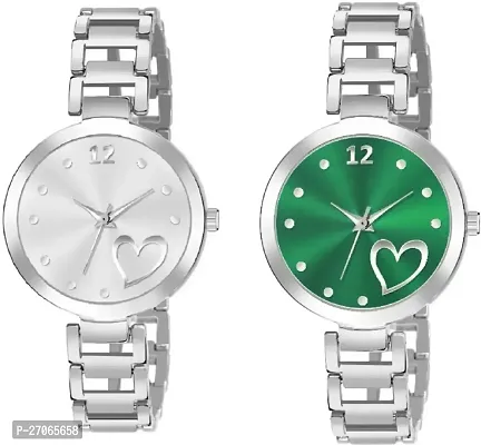 Unique Design Heart Love Silver Green Dial and Metal Mesh Silver strap Analog watch for girls and women