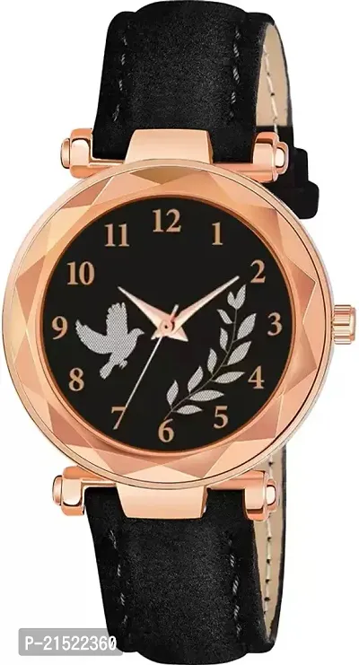 Bird And Leaf Classic Design Black Dial Black Leather Strap Analog Watch For Girls/Women
