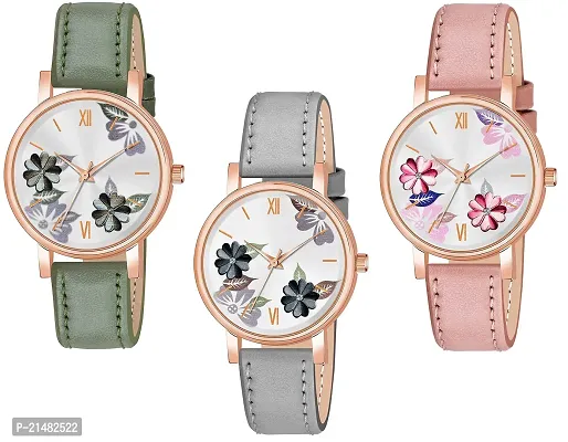 Unique Design Multicolor Flower Dial Multicolor Leather Belt Analog Combo watch for Women/Girls Pack Of 3