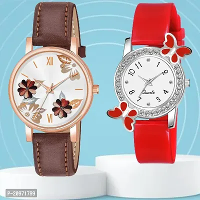 Brown Flower Dial Brown Belt Analog Watch With day-flying Design White Dial Red PU Belt For Women/Girls