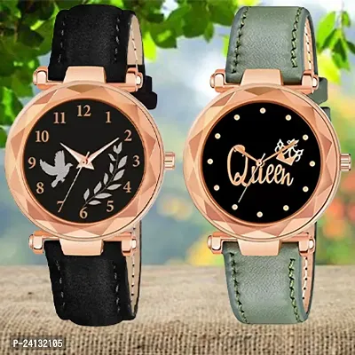 Bird Leaf Design Dial Black Synthetic Leather Belt With Queen Dial Green Synthetic Leather Belt Analog Watch For Girls / Women