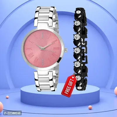 Pink Dial silver Chain Strap Women Anlaog Watch With Free Gift Diamond Black Bracelet-thumb0