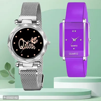 Queen Design Black Dial Silver Mesh Megnetic Strap With Rectangle Purple Dial Purple PU Belt Analog Watch Form Women/Girls-thumb0