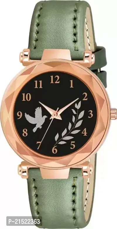 Bird And Leaf Classic Design Black Dial Green Leather Strap Analog Watch For Girls/Women