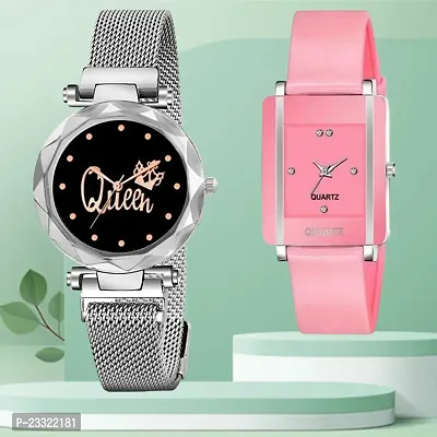 Queen Design Black Dial Silver Mesh Megnetic Strap With Rectangle Pink Dial Pink PU Belt Analog Watch Form Women/Girls