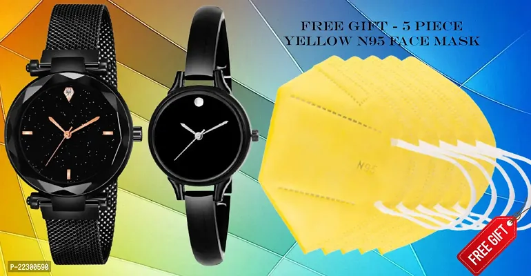 Sky Dial Magnetic Mesh Strap and Moon Black Dial Women Analog Watch With Free Gift 5 Piece Yellow N95 Mask-thumb0