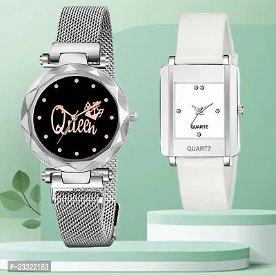 Queen Design Black Dial SilverMesh Megnetic Strap With Rectangle White Dial White PU Belt Analog Watch Form Women/Girls
