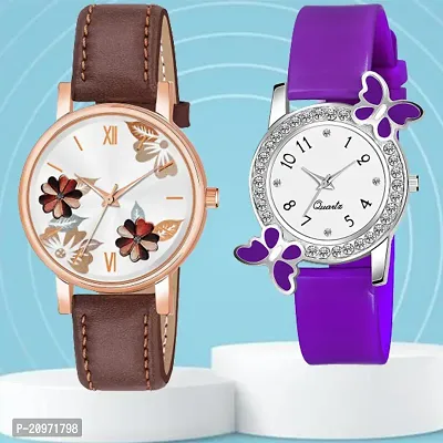 Brown Flower Dial Brown Belt Analog Watch With day-flying Design White Dial Purple PU Belt For Women/Girls