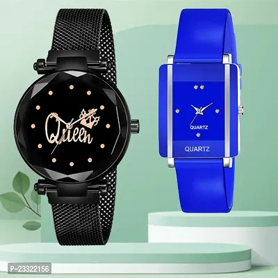Queen Design Black Dial Black Mesh Megnetic Strap With Rectangle Blue Dial Blue PU Belt Analog Watch Form Women/Girls-thumb0