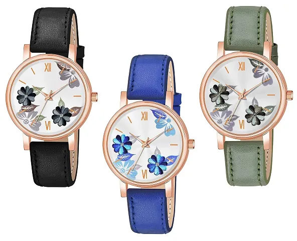 Unique Design Flower Dial Leather Belt Analog Combo watch for Women/Girls Pack Of 3