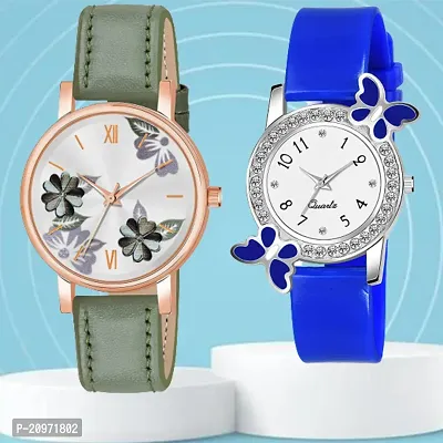 Green Flower Dial Green Belt Analog Watch With day-flying Design White Dial Blue PU Belt For Women/Girls