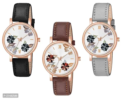 Unique Design Multicolor Flower Dial Multicolor Leather Belt Analog Combo watch for Women/Girls Pack Of 3