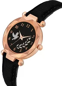 Bird And Leaf Classic Design Black Dial Black Leather Strap Analog Watch For Girls/Women-thumb1