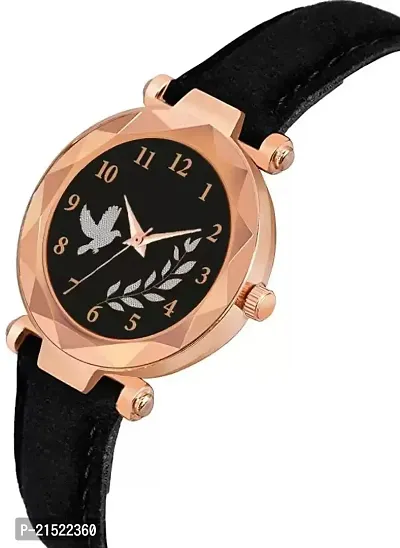 Bird And Leaf Classic Design Black Dial Black Leather Strap Analog Watch For Girls/Women-thumb2
