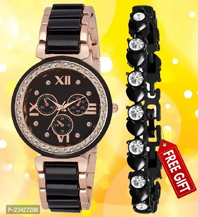 Classic Design Black Dial Mina Mesh Mesh Strap Analog Watch With Free Gift Diamond Black Bracelet Only For Cute Girls / Women