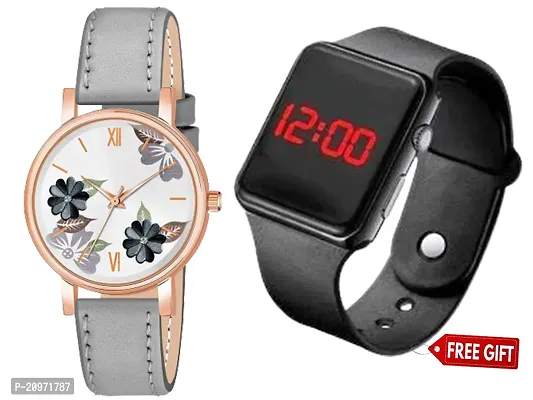 Grey Flower Dial Grey Belt Analog Watch For Women/Girls With Free Gift Square Digital Black Watch For Your Lovely Boys/Girls